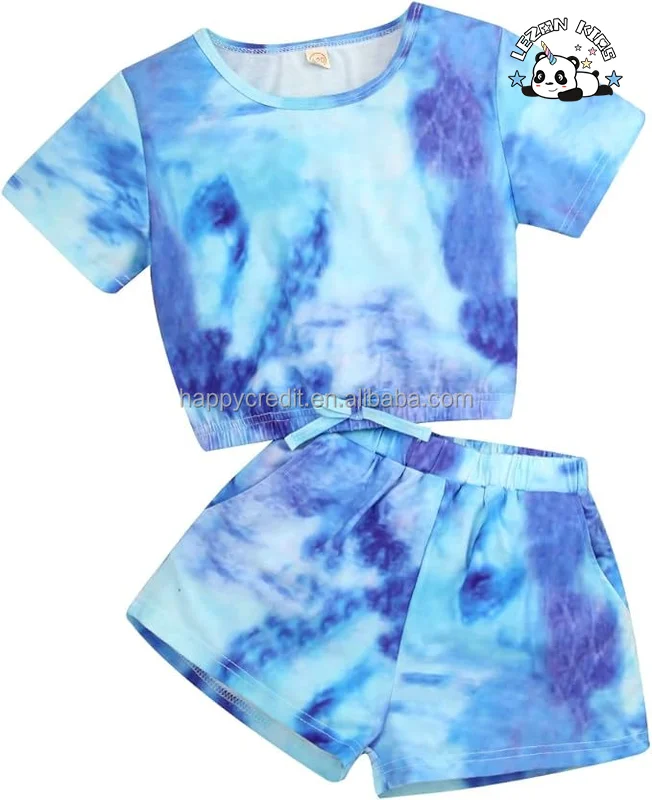 LEZONKIDS - Conjunto de Roupas Tie-Dye de Verão para Meninas com Camiseta Cropped com Cordão Elástico e Shorts de Cintura Elástica com Bolsos Laterais